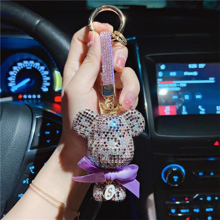 Big head bear bow keychain cartoon diamond-encrusted doll key chain cute girl backpack pendant