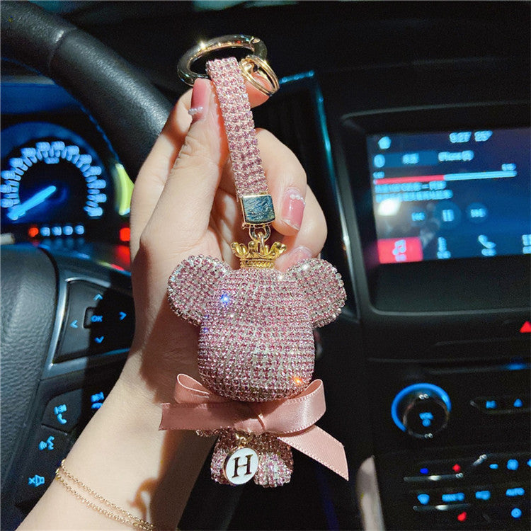 Big head bear bow keychain cartoon diamond-encrusted doll key chain cute girl backpack pendant