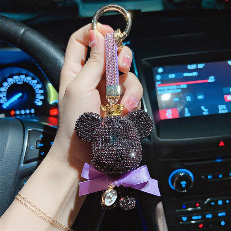 Big head bear bow keychain cartoon diamond-encrusted doll key chain cute girl backpack pendant