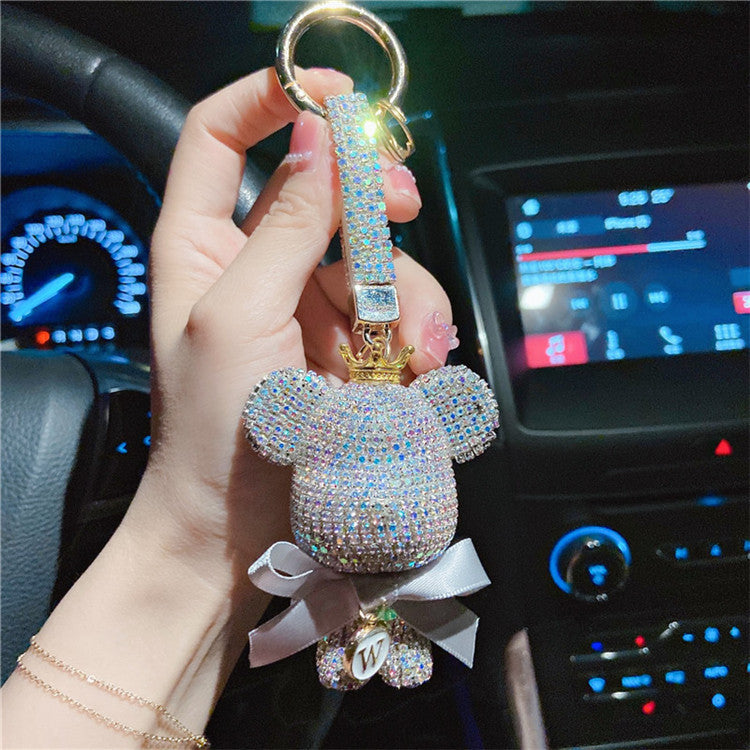 Big head bear bow keychain cartoon diamond-encrusted doll key chain cute girl backpack pendant