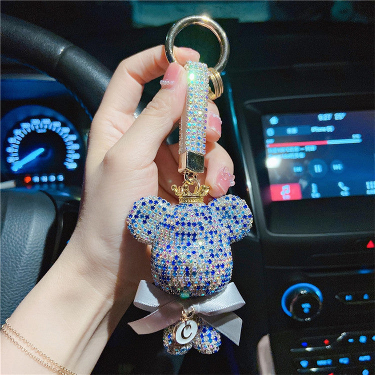 Big head bear bow keychain cartoon diamond-encrusted doll key chain cute girl backpack pendant