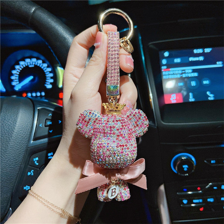 Big head bear bow keychain cartoon diamond-encrusted doll key chain cute girl backpack pendant