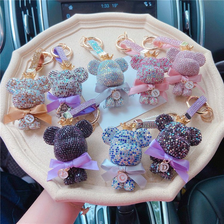 Big head bear bow keychain cartoon diamond-encrusted doll key chain cute girl backpack pendant