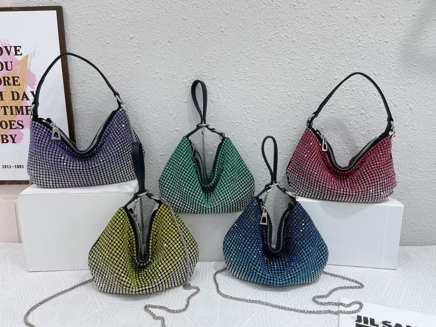 【#PQ12】Newest Fashionable crystal pu leather ladies hand bags