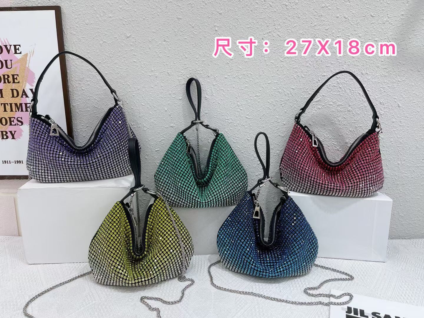【#PQ12】Newest Fashionable crystal pu leather ladies hand bags